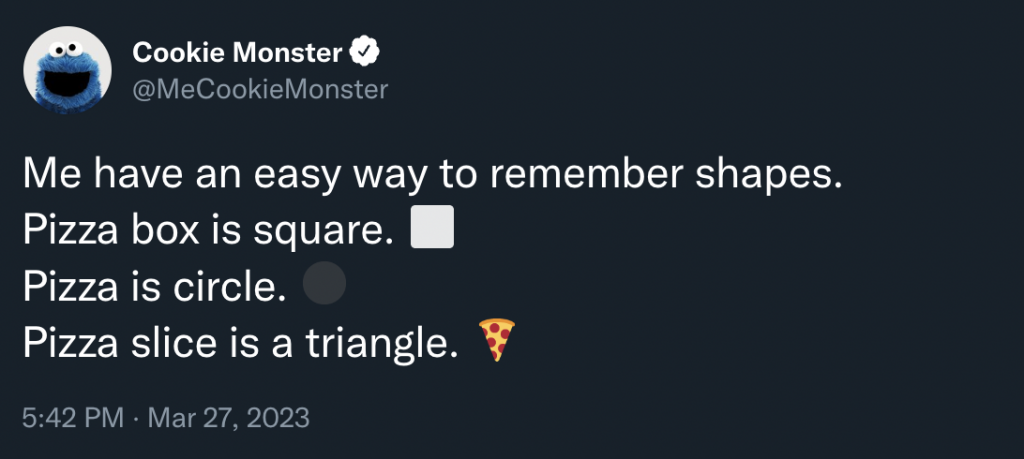 Tweet from Cookie Monster:

Me have an easy way to remember shapes. 
Pizza box is square. ⬜ 
Pizza is circle. ⚫
Pizza slice is a triangle. 🍕