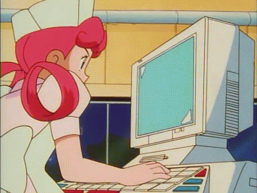Nurse Joy using a computer