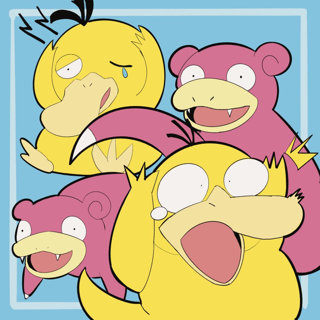 a line drawing of slowpoke and psyduck